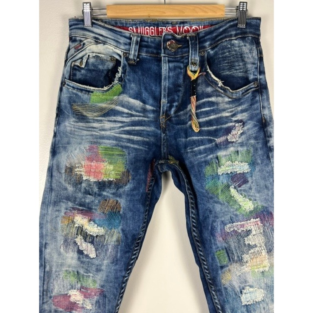 Smugglers Moon Distressed Patchwork Sashiko Skinny Jeans Blue Acid Wash 30W